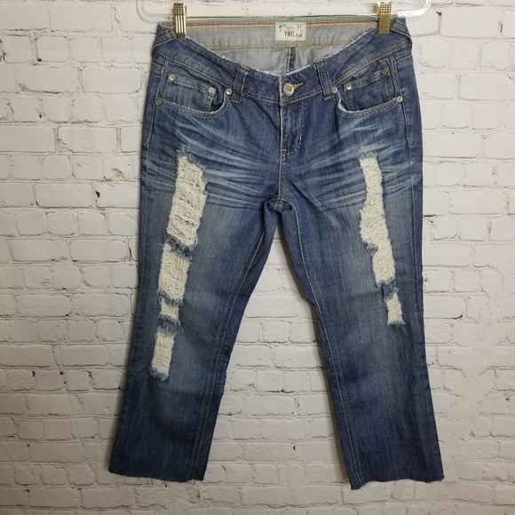 YNQ Denim - YNQ Distressed Denim Cropped Jeans